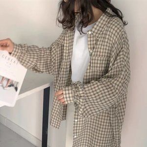 Oversized Lantern-Sleeve Plaid Shirt